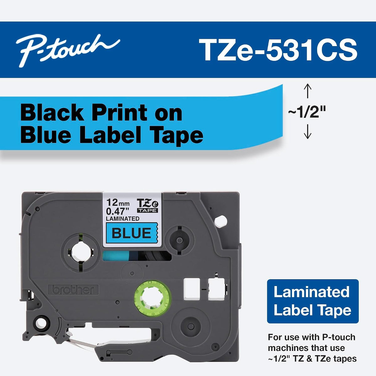 Genuine P-Touch TZE-131 Tape, 1/2" (0.47") Standard Laminated P-Touch Tape, Black on Clear, Perfect for Indoor or Outdoor Use, Water Resistant, 26.2 Feet (8M), Single-Pack, TZe131