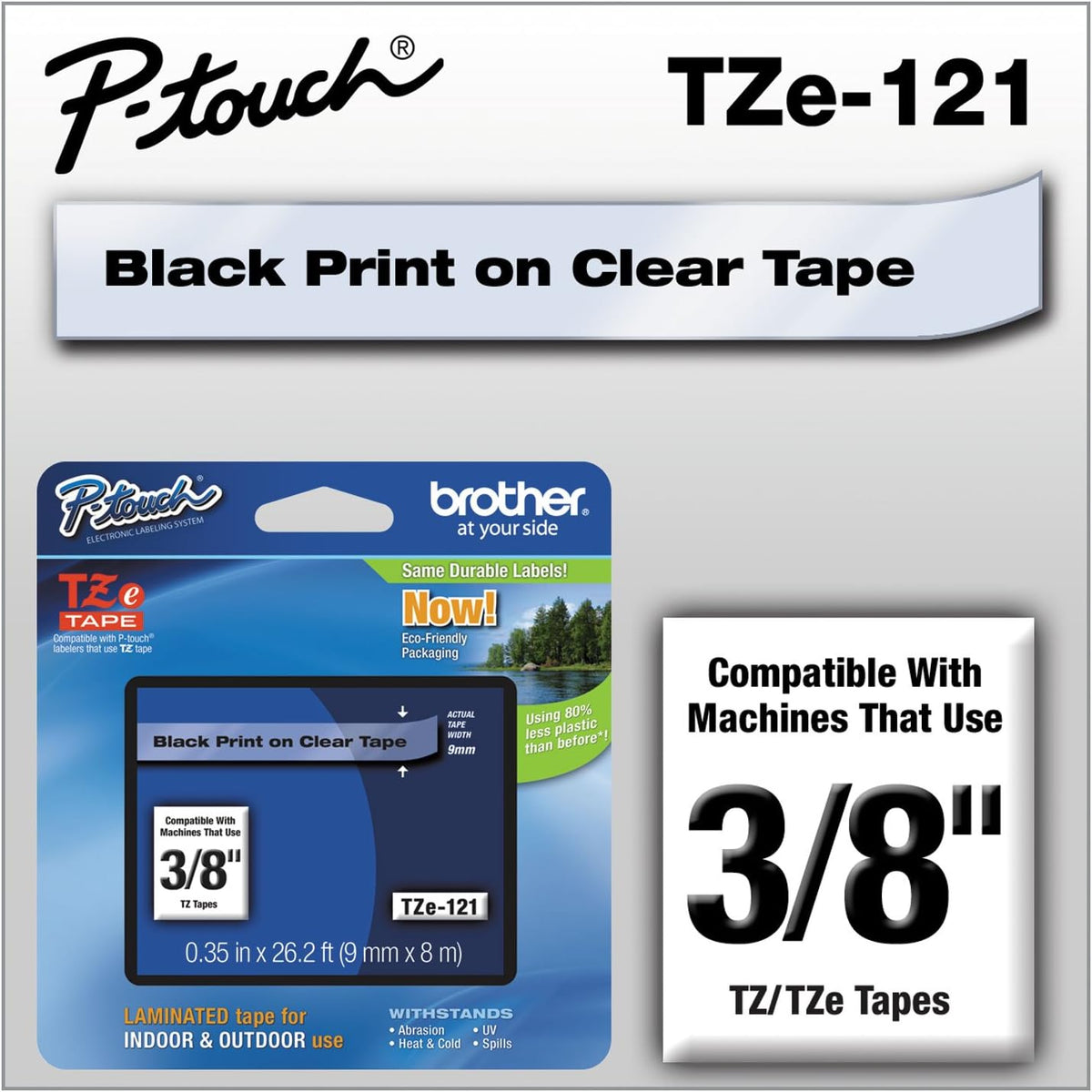 Genuine P-Touch TZE-131 Tape, 1/2" (0.47") Standard Laminated P-Touch Tape, Black on Clear, Perfect for Indoor or Outdoor Use, Water Resistant, 26.2 Feet (8M), Single-Pack, TZe131