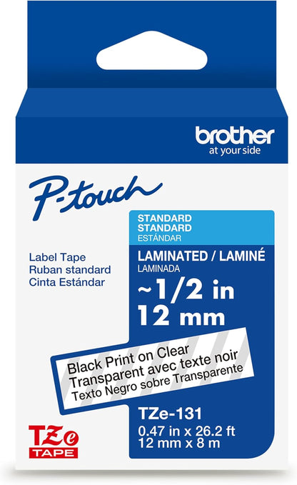 Genuine P-Touch TZE-131 Tape, 1/2" (0.47") Standard Laminated P-Touch Tape, Black on Clear, Perfect for Indoor or Outdoor Use, Water Resistant, 26.2 Feet (8M), Single-Pack, TZe131