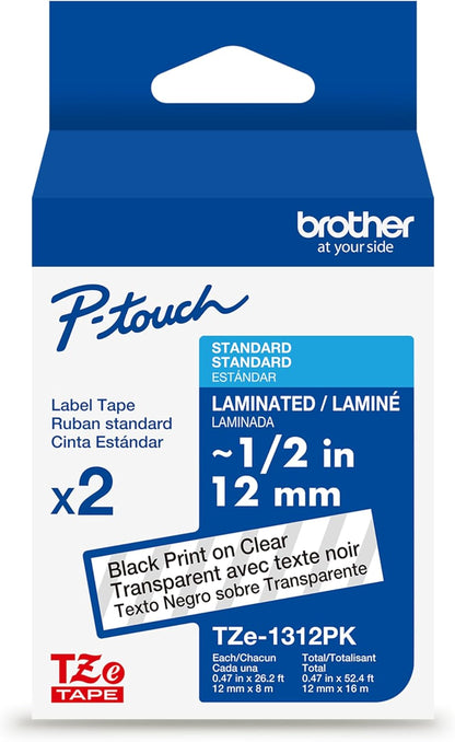 Genuine P-Touch TZE-131 Tape, 1/2" (0.47") Standard Laminated P-Touch Tape, Black on Clear, Perfect for Indoor or Outdoor Use, Water Resistant, 26.2 Feet (8M), Single-Pack, TZe131