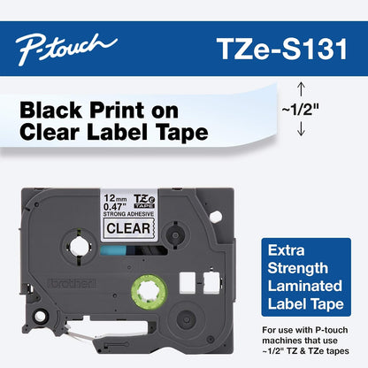 Genuine P-Touch TZE-131 Tape, 1/2" (0.47") Standard Laminated P-Touch Tape, Black on Clear, Perfect for Indoor or Outdoor Use, Water Resistant, 26.2 Feet (8M), Single-Pack, TZe131