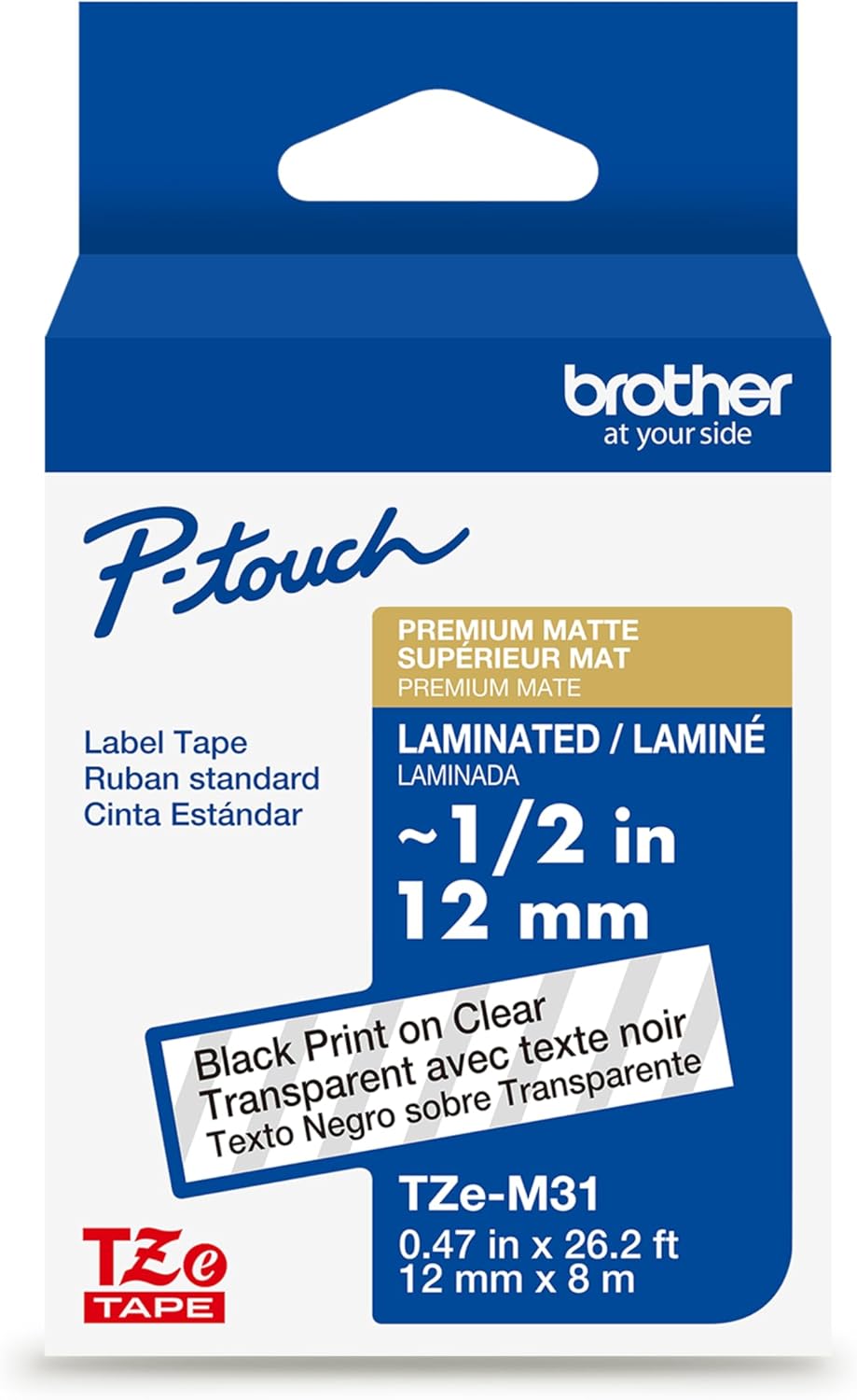 Genuine P-Touch TZE-131 Tape, 1/2" (0.47") Standard Laminated P-Touch Tape, Black on Clear, Perfect for Indoor or Outdoor Use, Water Resistant, 26.2 Feet (8M), Single-Pack, TZe131