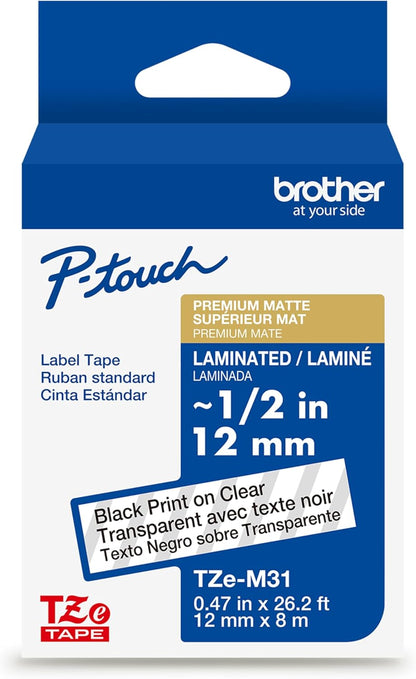 Genuine P-Touch TZE-131 Tape, 1/2" (0.47") Standard Laminated P-Touch Tape, Black on Clear, Perfect for Indoor or Outdoor Use, Water Resistant, 26.2 Feet (8M), Single-Pack, TZe131