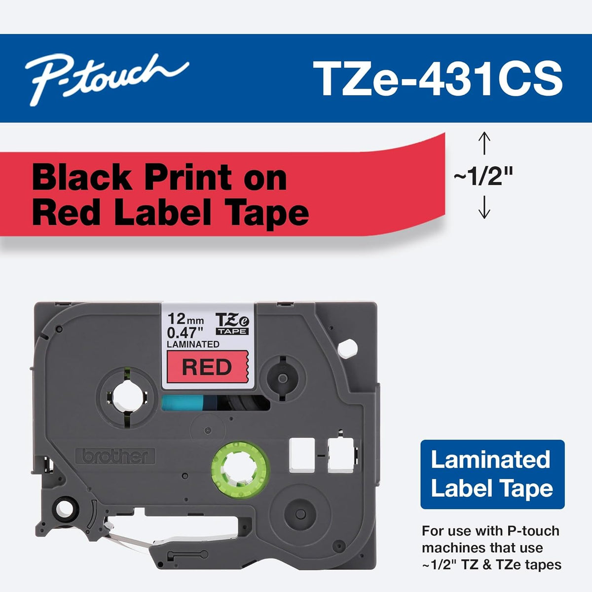 Genuine P-Touch TZE-131 Tape, 1/2" (0.47") Standard Laminated P-Touch Tape, Black on Clear, Perfect for Indoor or Outdoor Use, Water Resistant, 26.2 Feet (8M), Single-Pack, TZe131