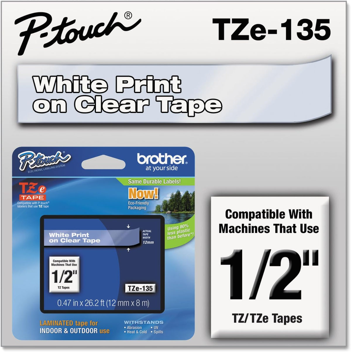 Genuine P-Touch TZE-131 Tape, 1/2" (0.47") Standard Laminated P-Touch Tape, Black on Clear, Perfect for Indoor or Outdoor Use, Water Resistant, 26.2 Feet (8M), Single-Pack, TZe131