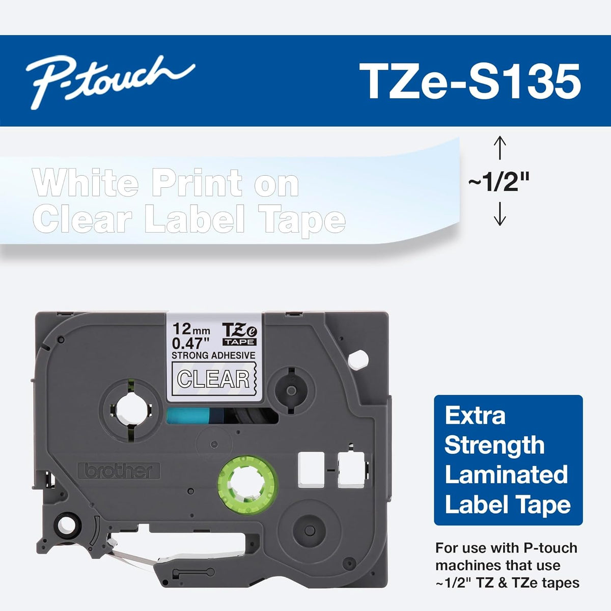 Genuine P-Touch TZE-131 Tape, 1/2" (0.47") Standard Laminated P-Touch Tape, Black on Clear, Perfect for Indoor or Outdoor Use, Water Resistant, 26.2 Feet (8M), Single-Pack, TZe131