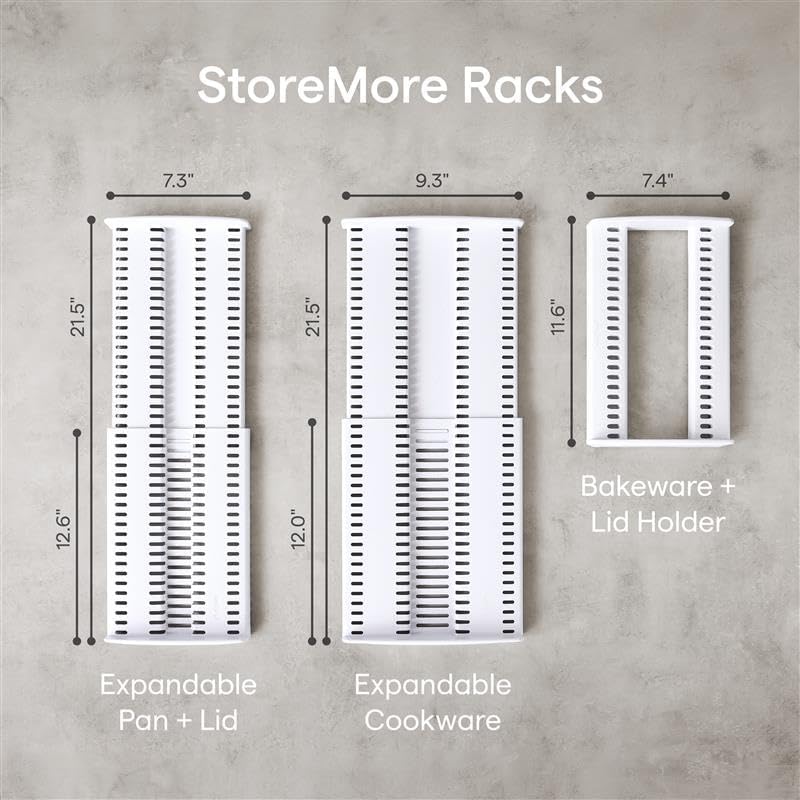 StoreMore Expandable Cookware Rack with Tall Steel Wires, 12.5"-22" Wide Adjustable Pan Organizer for Kitchen Cabinet Storage, Premium Edition