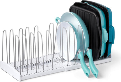 StoreMore Expandable Cookware Rack with Tall Steel Wires, 12.5"-22" Wide Adjustable Pan Organizer for Kitchen Cabinet Storage, Premium Edition
