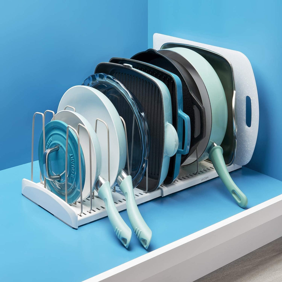 StoreMore Expandable Cookware Rack with Tall Steel Wires, 12.5"-22" Wide Adjustable Pan Organizer for Kitchen Cabinet Storage, Premium Edition