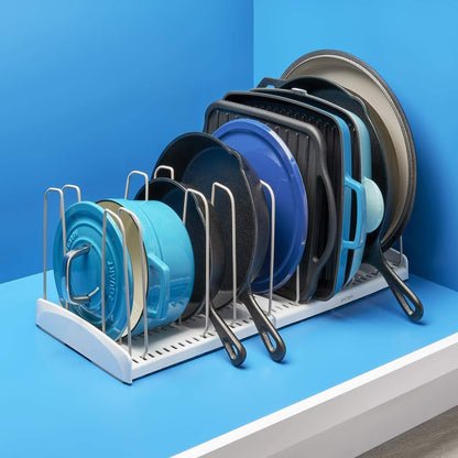 StoreMore Expandable Cookware Rack with Tall Steel Wires, 12.5"-22" Wide Adjustable Pan Organizer for Kitchen Cabinet Storage, Premium Edition