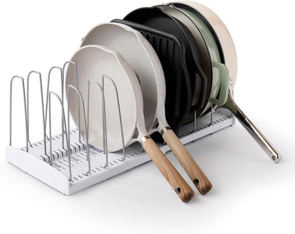 StoreMore Expandable Cookware Rack with Tall Steel Wires, 12.5"-22" Wide Adjustable Pan Organizer for Kitchen Cabinet Storage, Premium Edition