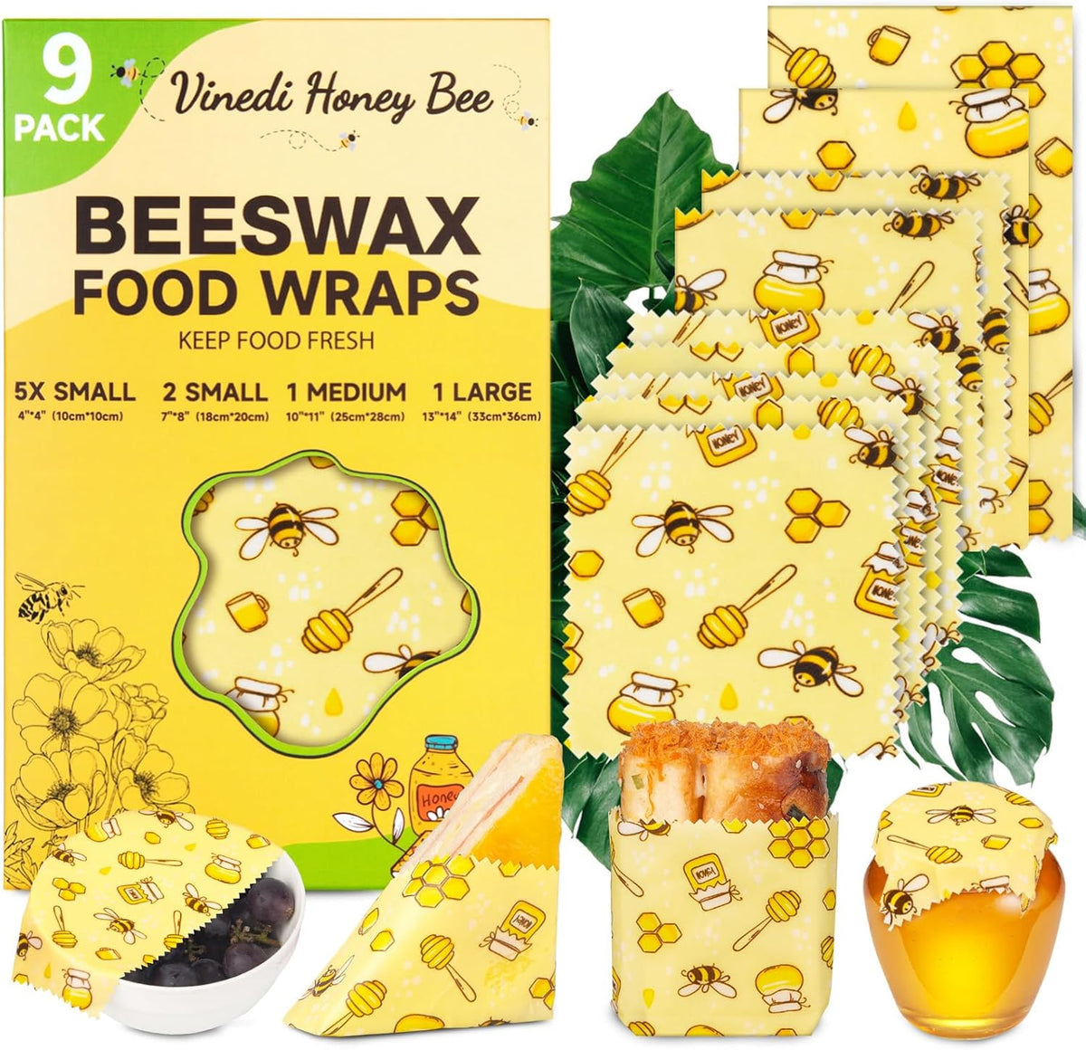 Reusable Beeswax Food Wraps, 9 Pack - Assorted Sizes (XS,S, M, L) | Organic Cotton, Eco Friendly, Plastic Free | Honeycomb Design