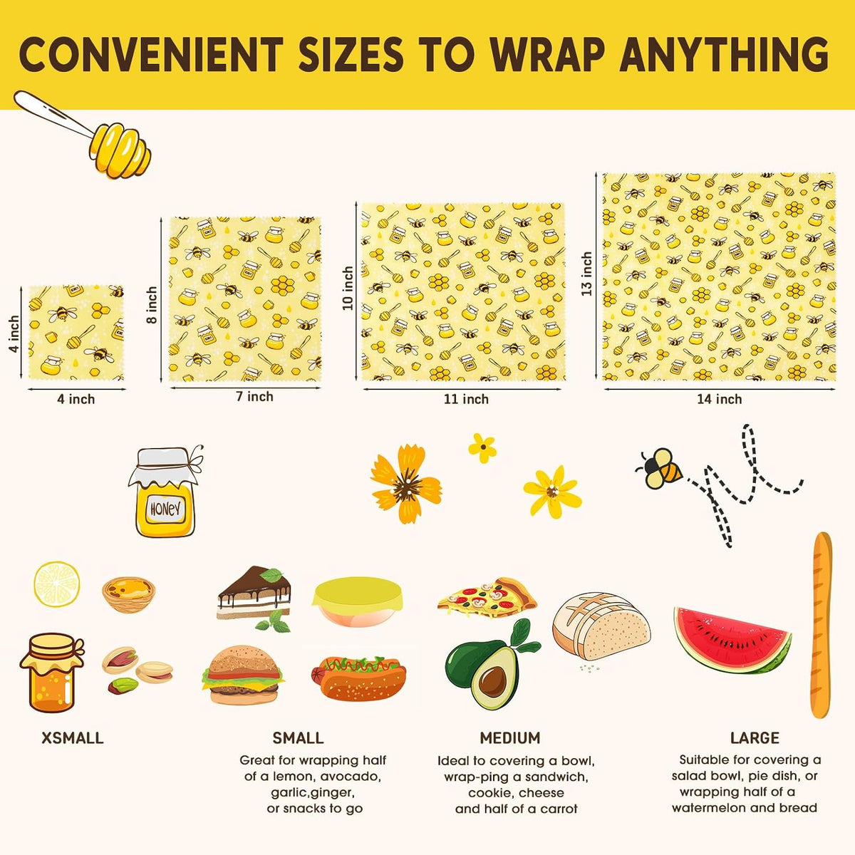 Reusable Beeswax Food Wraps, 9 Pack - Assorted Sizes (XS,S, M, L) | Organic Cotton, Eco Friendly, Plastic Free | Honeycomb Design