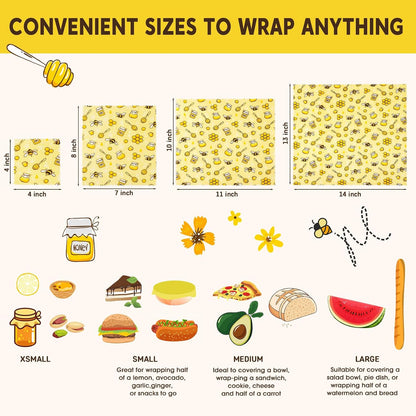Reusable Beeswax Food Wraps, 9 Pack - Assorted Sizes (XS,S, M, L) | Organic Cotton, Eco Friendly, Plastic Free | Honeycomb Design