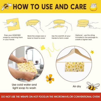 Reusable Beeswax Food Wraps, 9 Pack - Assorted Sizes (XS,S, M, L) | Organic Cotton, Eco Friendly, Plastic Free | Honeycomb Design