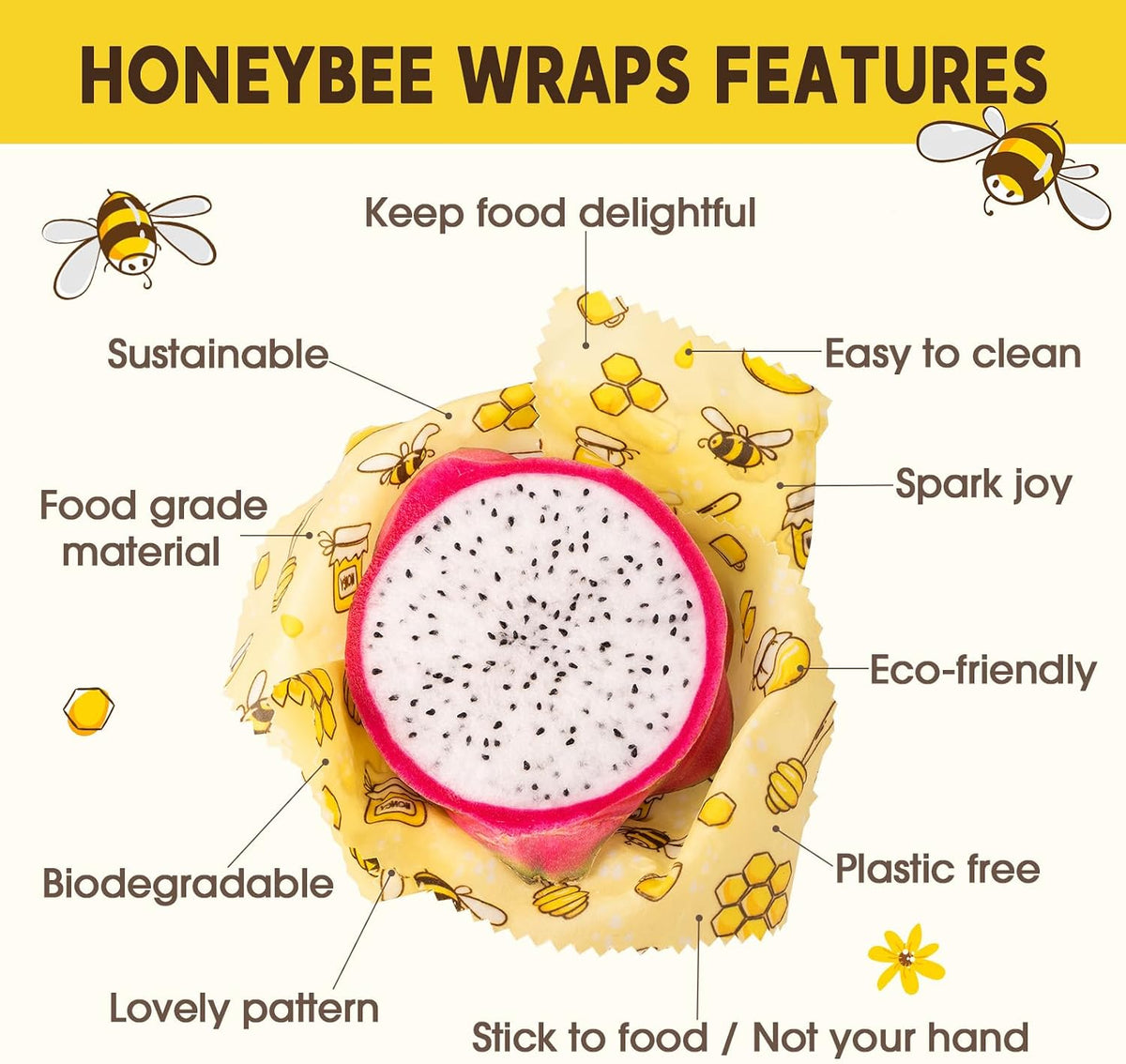 Reusable Beeswax Food Wraps, 9 Pack - Assorted Sizes (XS,S, M, L) | Organic Cotton, Eco Friendly, Plastic Free | Honeycomb Design