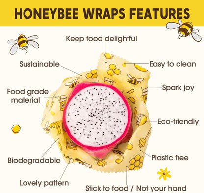 Reusable Beeswax Food Wraps, 9 Pack - Assorted Sizes (XS,S, M, L) | Organic Cotton, Eco Friendly, Plastic Free | Honeycomb Design
