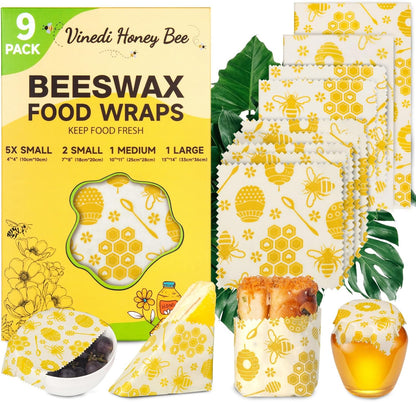 Reusable Beeswax Food Wraps, 9 Pack - Assorted Sizes (XS,S, M, L) | Organic Cotton, Eco Friendly, Plastic Free | Honeycomb Design