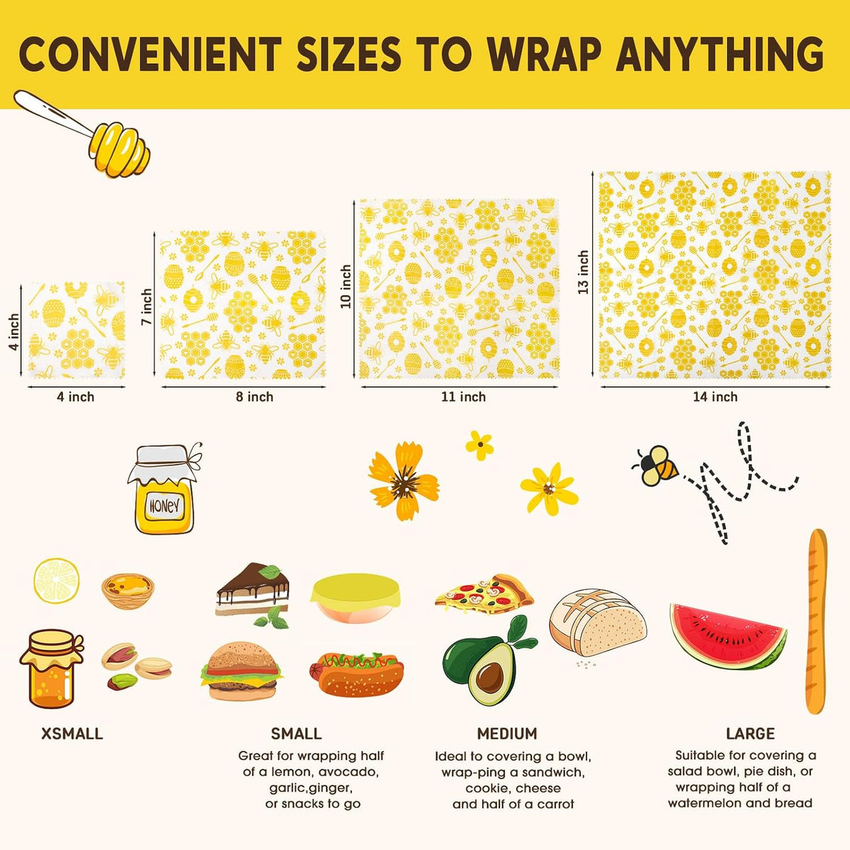 Reusable Beeswax Food Wraps, 9 Pack - Assorted Sizes (XS,S, M, L) | Organic Cotton, Eco Friendly, Plastic Free | Honeycomb Design
