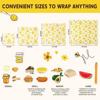 Reusable Beeswax Food Wraps, 9 Pack - Assorted Sizes (XS,S, M, L) | Organic Cotton, Eco Friendly, Plastic Free | Honeycomb Design