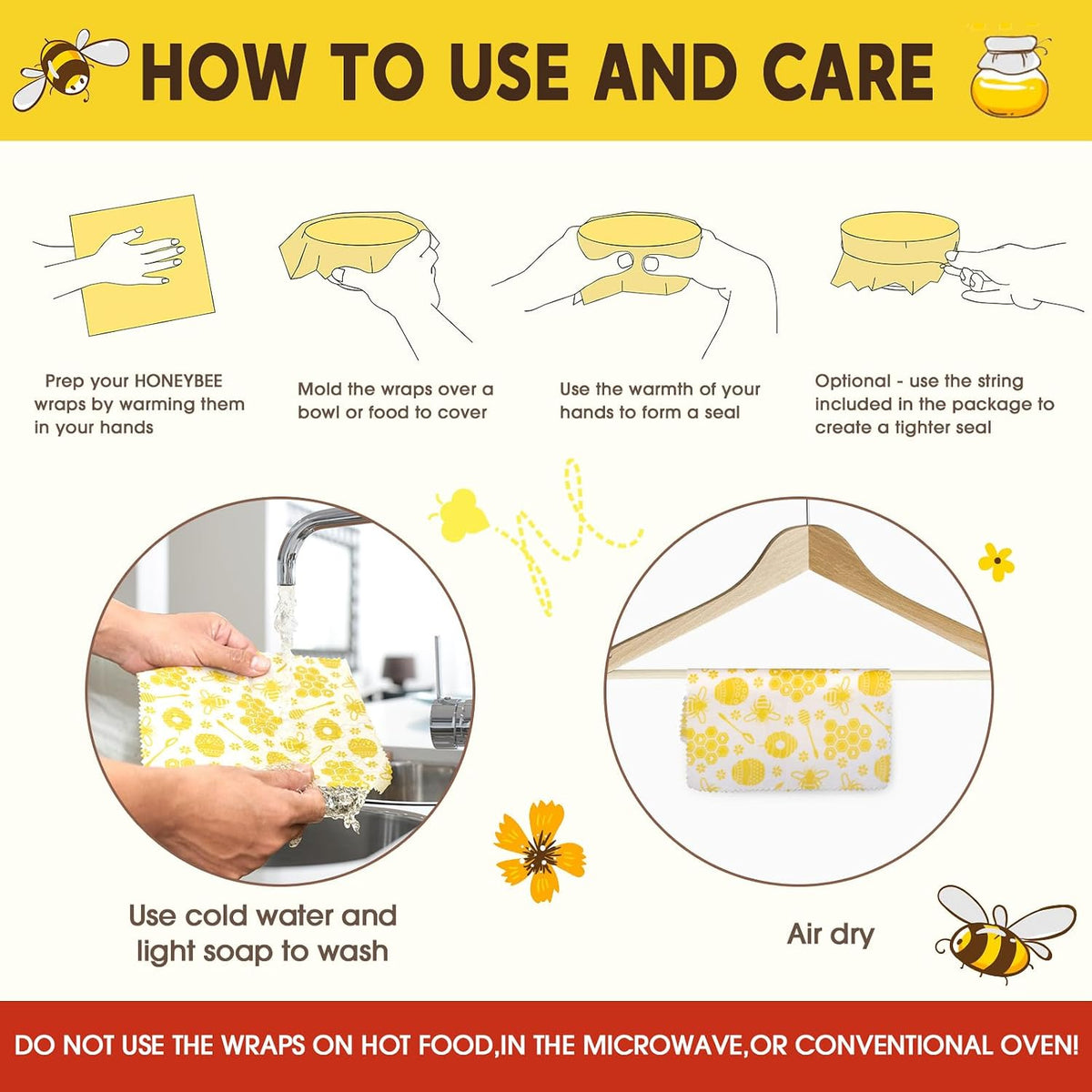Reusable Beeswax Food Wraps, 9 Pack - Assorted Sizes (XS,S, M, L) | Organic Cotton, Eco Friendly, Plastic Free | Honeycomb Design
