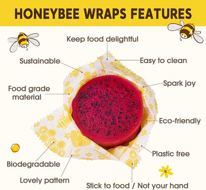Reusable Beeswax Food Wraps, 9 Pack - Assorted Sizes (XS,S, M, L) | Organic Cotton, Eco Friendly, Plastic Free | Honeycomb Design