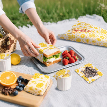 Reusable Beeswax Food Wraps, 9 Pack - Assorted Sizes (XS,S, M, L) | Organic Cotton, Eco Friendly, Plastic Free | Honeycomb Design