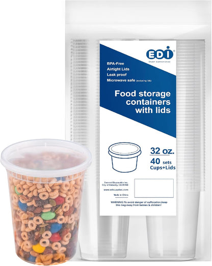 [32 OZ, 20 Sets] Plastic Deli Food Storage Containers with Airtight Lids | Microwave-, Freezer-, Dishwasher-Safe | BPA Free | Heavy-Duty | Meal Prep | Leakproof | Recyclable