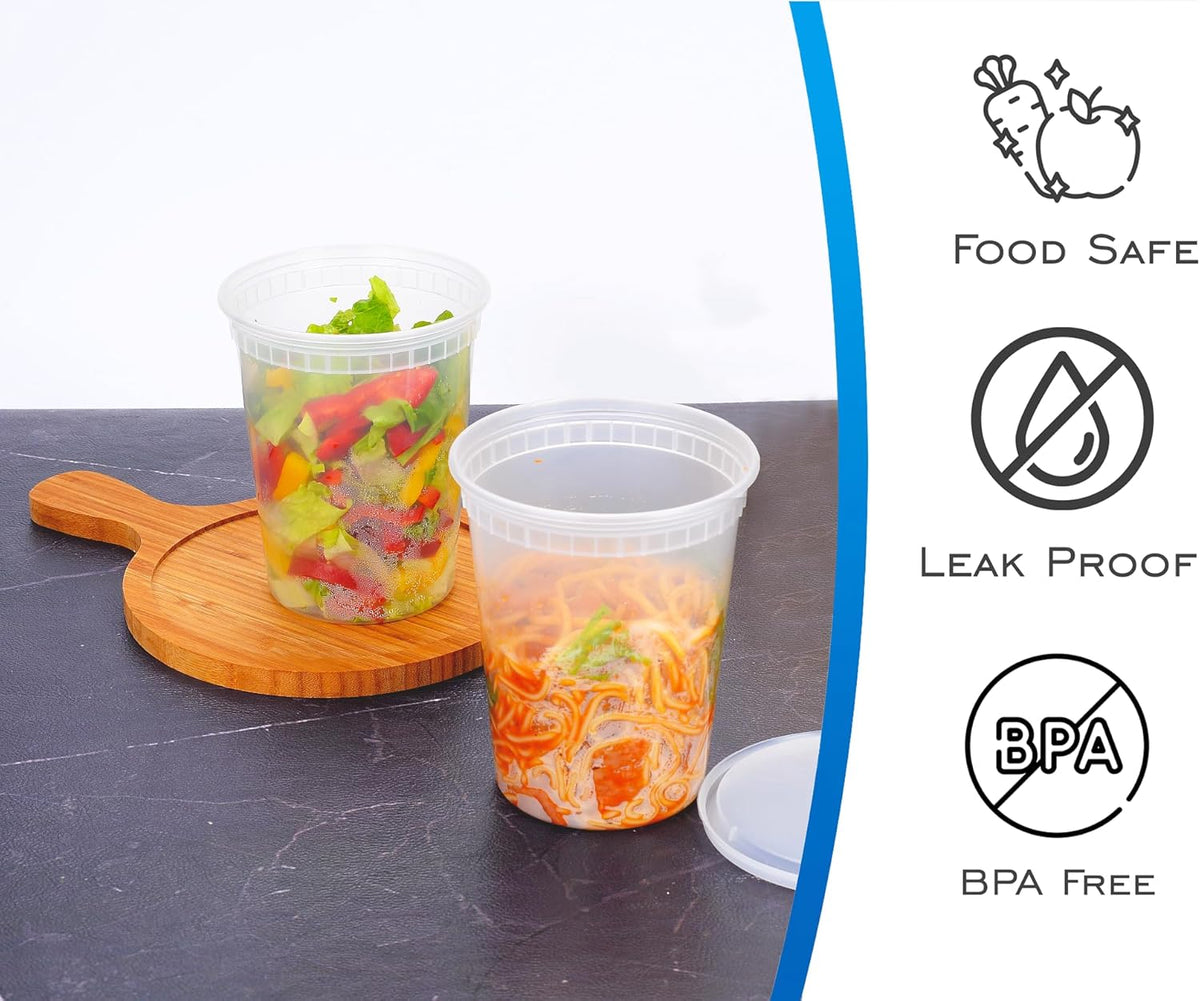 [32 OZ, 20 Sets] Plastic Deli Food Storage Containers with Airtight Lids | Microwave-, Freezer-, Dishwasher-Safe | BPA Free | Heavy-Duty | Meal Prep | Leakproof | Recyclable