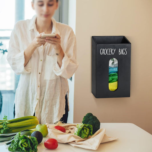 Farmhouse Wooden Grocery Bag Holder and Dispenser, Wall Mounted Plastic Bag Holder and Dispenser with Extra-Wide & Easy-Access Openings, Garbage Bag Dispenser Anti-Fingerprint Rustic Finish Bags Saver