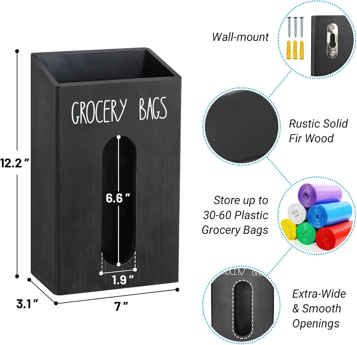 Farmhouse Wooden Grocery Bag Holder and Dispenser, Wall Mounted Plastic Bag Holder and Dispenser with Extra-Wide & Easy-Access Openings, Garbage Bag Dispenser Anti-Fingerprint Rustic Finish Bags Saver