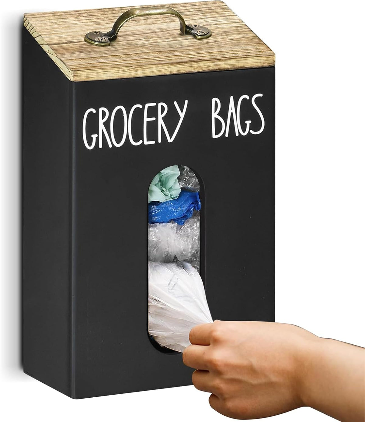 Farmhouse Wooden Grocery Bag Holder and Dispenser, Wall Mounted Plastic Bag Holder and Dispenser with Extra-Wide & Easy-Access Openings, Garbage Bag Dispenser Anti-Fingerprint Rustic Finish Bags Saver