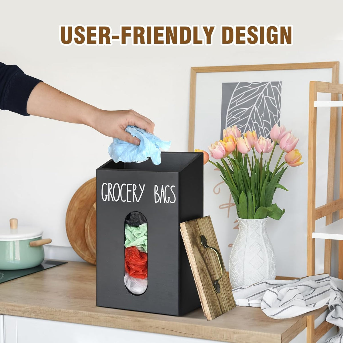 Farmhouse Wooden Grocery Bag Holder and Dispenser, Wall Mounted Plastic Bag Holder and Dispenser with Extra-Wide & Easy-Access Openings, Garbage Bag Dispenser Anti-Fingerprint Rustic Finish Bags Saver