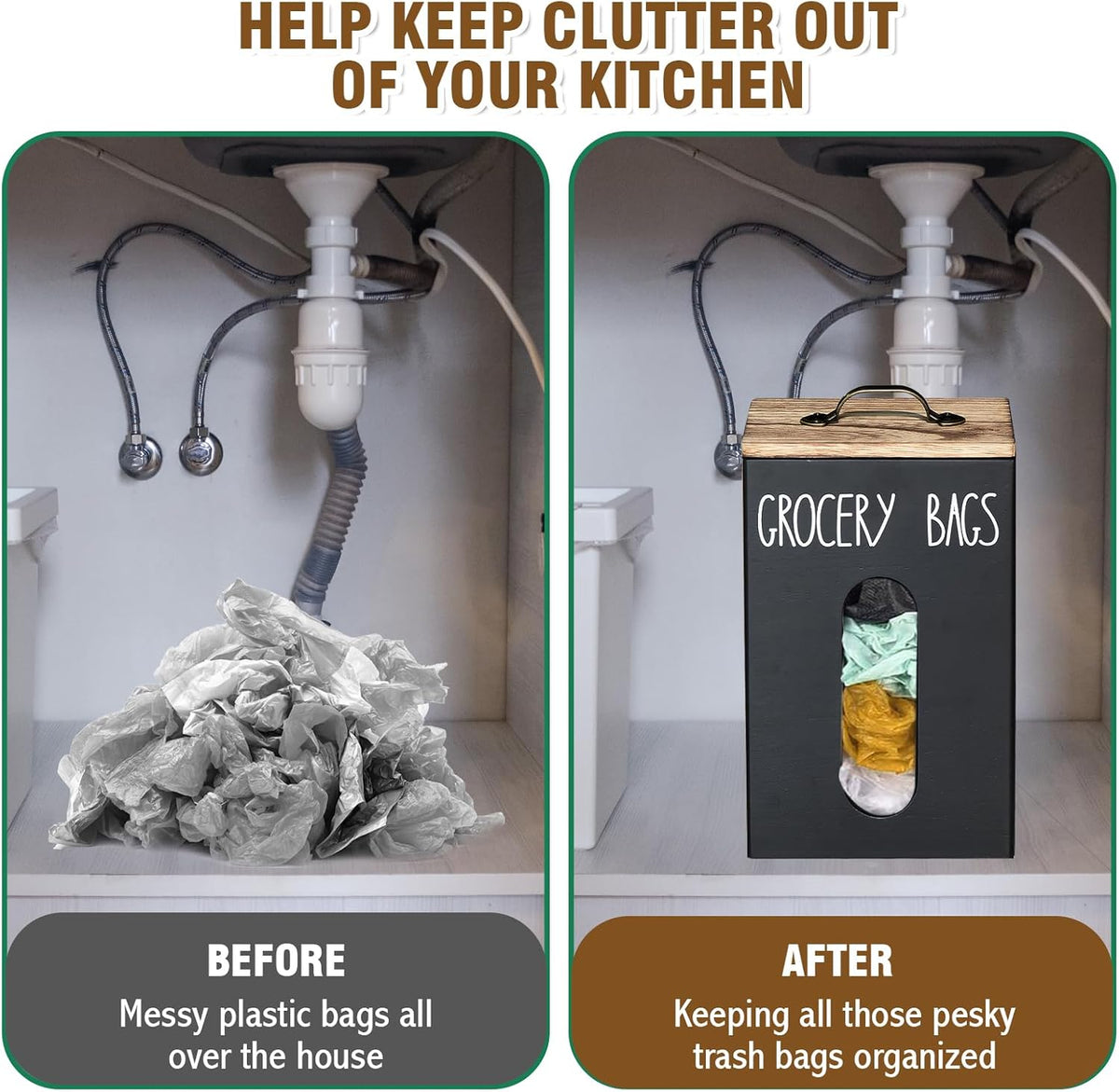 Farmhouse Wooden Grocery Bag Holder and Dispenser, Wall Mounted Plastic Bag Holder and Dispenser with Extra-Wide & Easy-Access Openings, Garbage Bag Dispenser Anti-Fingerprint Rustic Finish Bags Saver