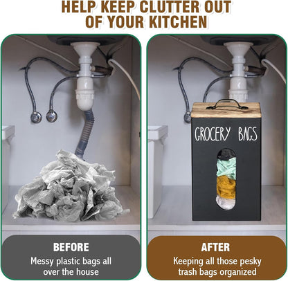 Farmhouse Wooden Grocery Bag Holder and Dispenser, Wall Mounted Plastic Bag Holder and Dispenser with Extra-Wide & Easy-Access Openings, Garbage Bag Dispenser Anti-Fingerprint Rustic Finish Bags Saver