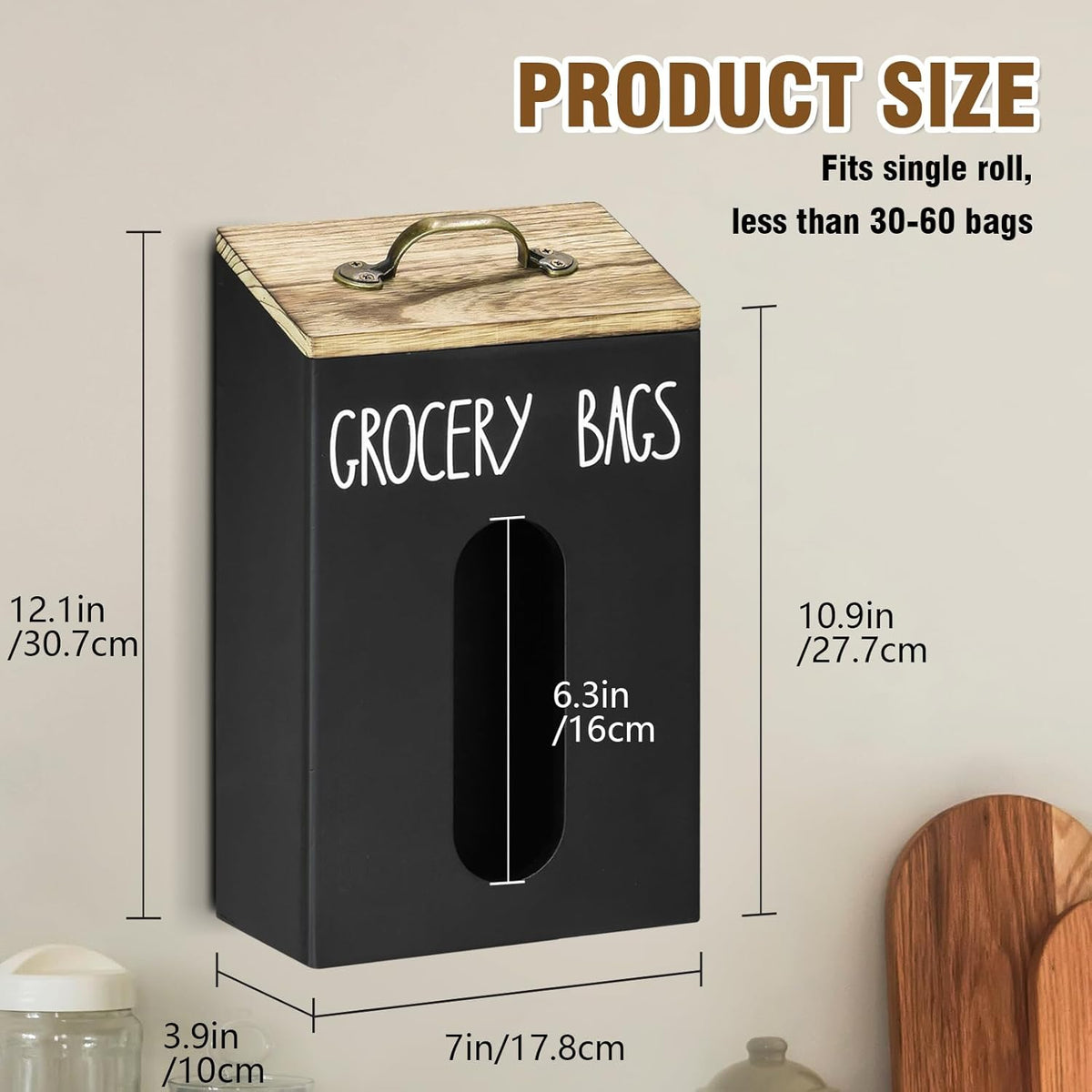 Farmhouse Wooden Grocery Bag Holder and Dispenser, Wall Mounted Plastic Bag Holder and Dispenser with Extra-Wide & Easy-Access Openings, Garbage Bag Dispenser Anti-Fingerprint Rustic Finish Bags Saver