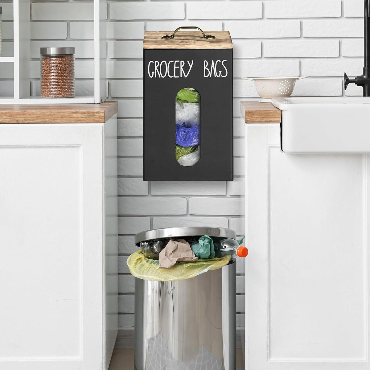 Farmhouse Wooden Grocery Bag Holder and Dispenser, Wall Mounted Plastic Bag Holder and Dispenser with Extra-Wide & Easy-Access Openings, Garbage Bag Dispenser Anti-Fingerprint Rustic Finish Bags Saver