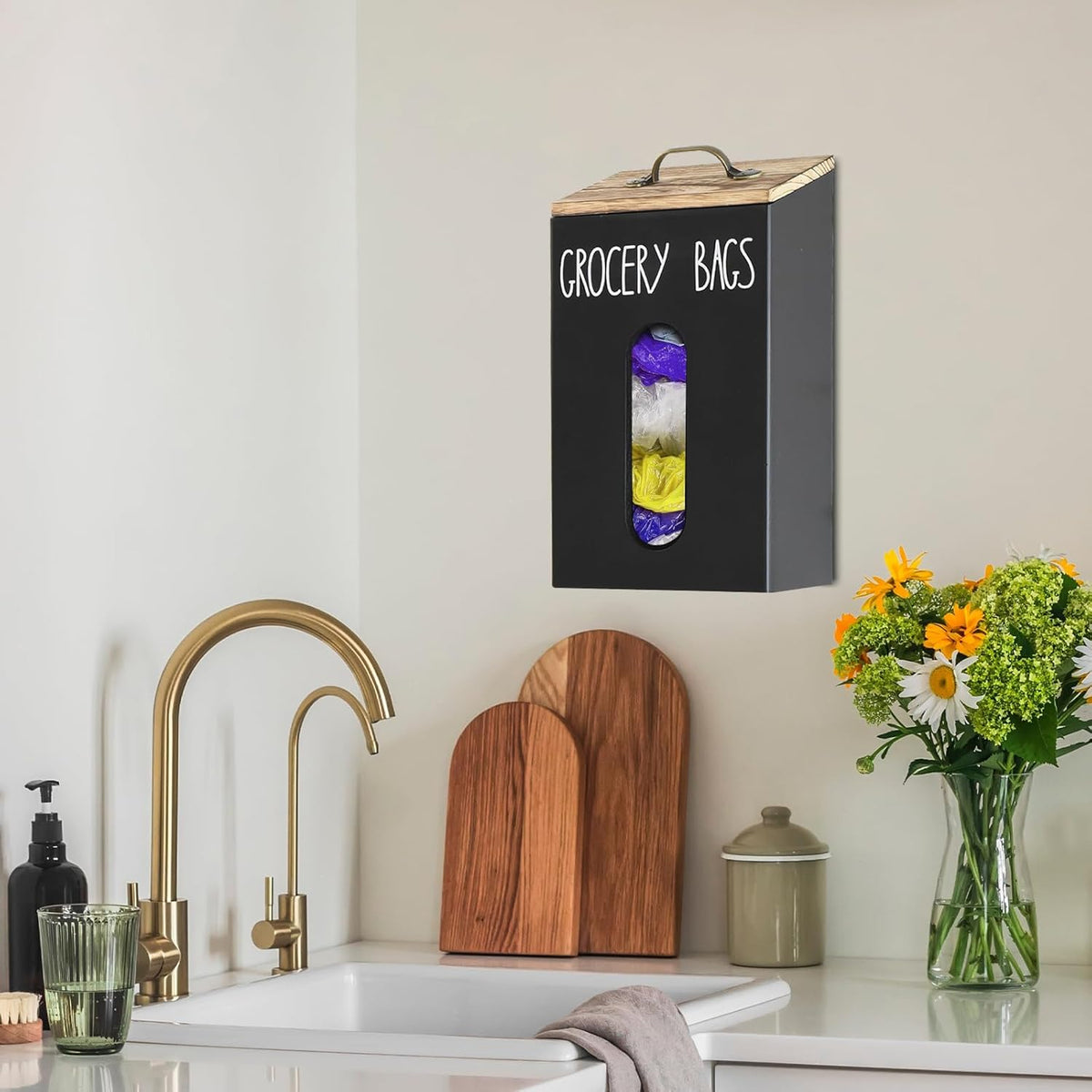 Farmhouse Wooden Grocery Bag Holder and Dispenser, Wall Mounted Plastic Bag Holder and Dispenser with Extra-Wide & Easy-Access Openings, Garbage Bag Dispenser Anti-Fingerprint Rustic Finish Bags Saver
