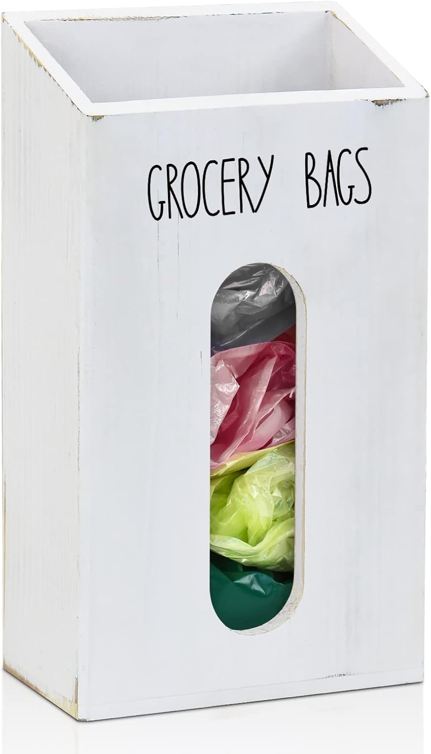 Farmhouse Wooden Grocery Bag Holder and Dispenser, Wall Mounted Plastic Bag Holder and Dispenser with Extra-Wide & Easy-Access Openings, Garbage Bag Dispenser Anti-Fingerprint Rustic Finish Bags Saver