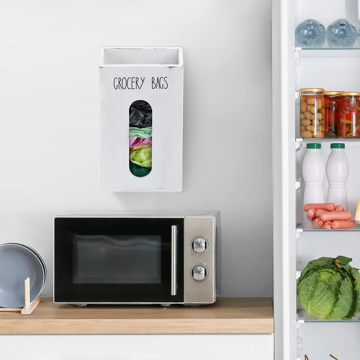 Farmhouse Wooden Grocery Bag Holder and Dispenser, Wall Mounted Plastic Bag Holder and Dispenser with Extra-Wide & Easy-Access Openings, Garbage Bag Dispenser Anti-Fingerprint Rustic Finish Bags Saver