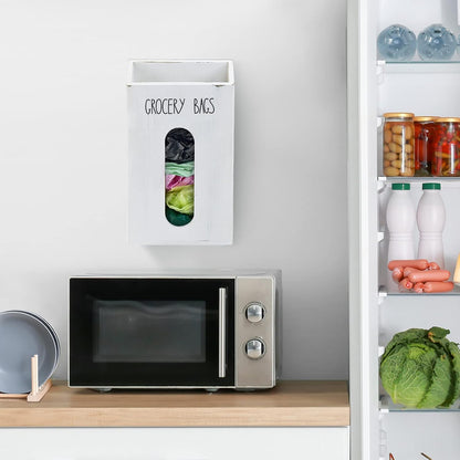Farmhouse Wooden Grocery Bag Holder and Dispenser, Wall Mounted Plastic Bag Holder and Dispenser with Extra-Wide & Easy-Access Openings, Garbage Bag Dispenser Anti-Fingerprint Rustic Finish Bags Saver