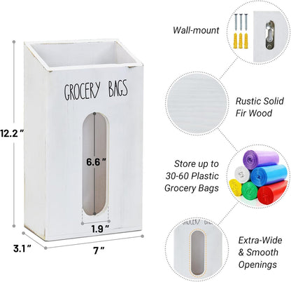 Farmhouse Wooden Grocery Bag Holder and Dispenser, Wall Mounted Plastic Bag Holder and Dispenser with Extra-Wide & Easy-Access Openings, Garbage Bag Dispenser Anti-Fingerprint Rustic Finish Bags Saver