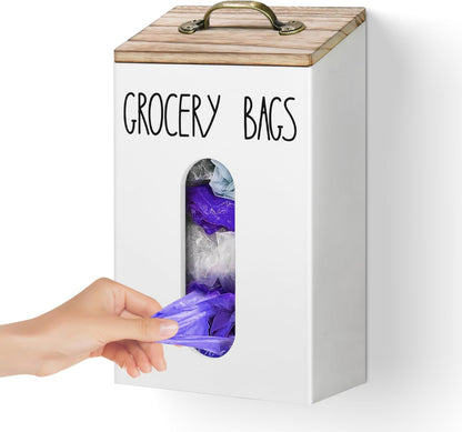 Farmhouse Wooden Grocery Bag Holder and Dispenser, Wall Mounted Plastic Bag Holder and Dispenser with Extra-Wide & Easy-Access Openings, Garbage Bag Dispenser Anti-Fingerprint Rustic Finish Bags Saver