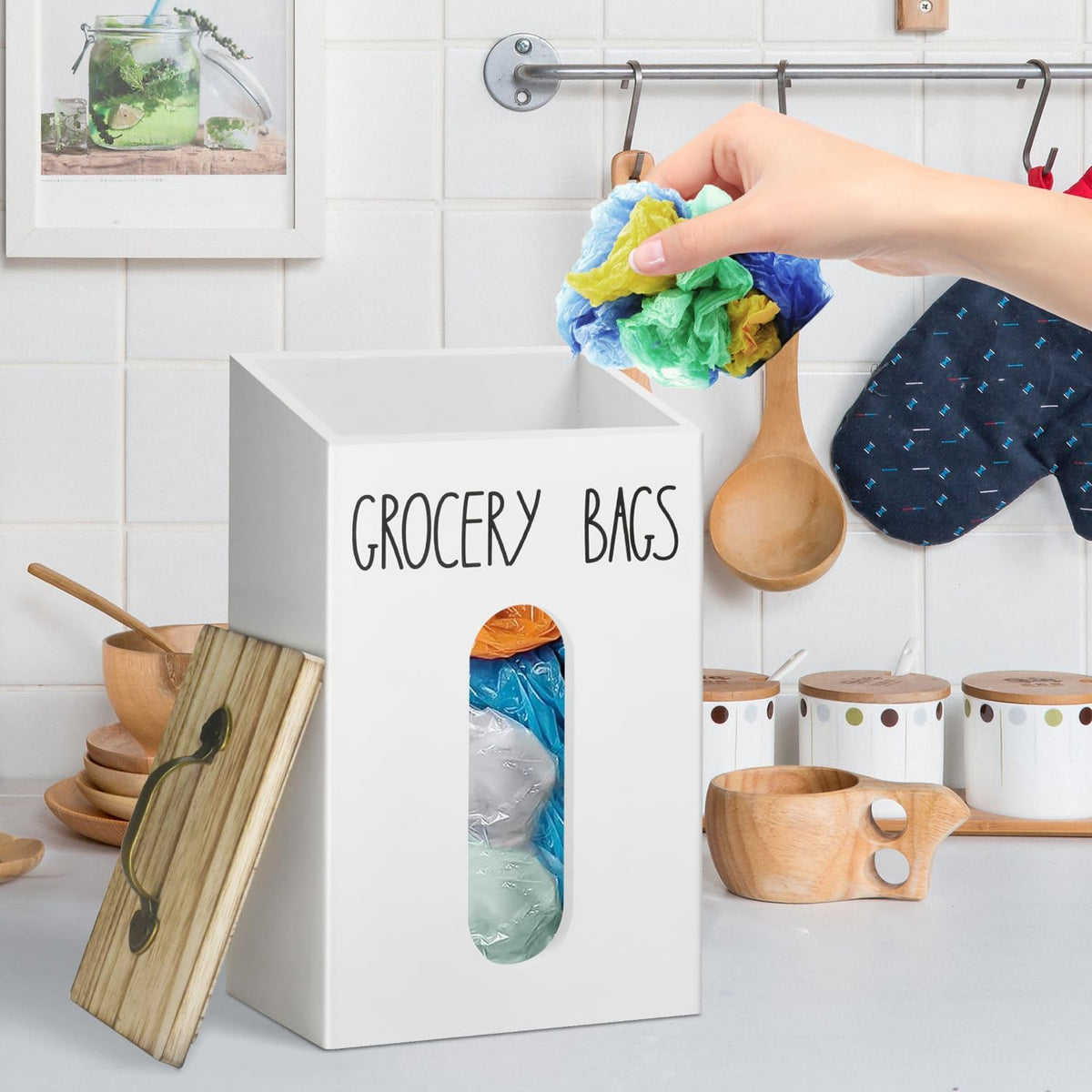 Farmhouse Wooden Grocery Bag Holder and Dispenser, Wall Mounted Plastic Bag Holder and Dispenser with Extra-Wide & Easy-Access Openings, Garbage Bag Dispenser Anti-Fingerprint Rustic Finish Bags Saver