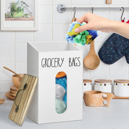 Farmhouse Wooden Grocery Bag Holder and Dispenser, Wall Mounted Plastic Bag Holder and Dispenser with Extra-Wide & Easy-Access Openings, Garbage Bag Dispenser Anti-Fingerprint Rustic Finish Bags Saver