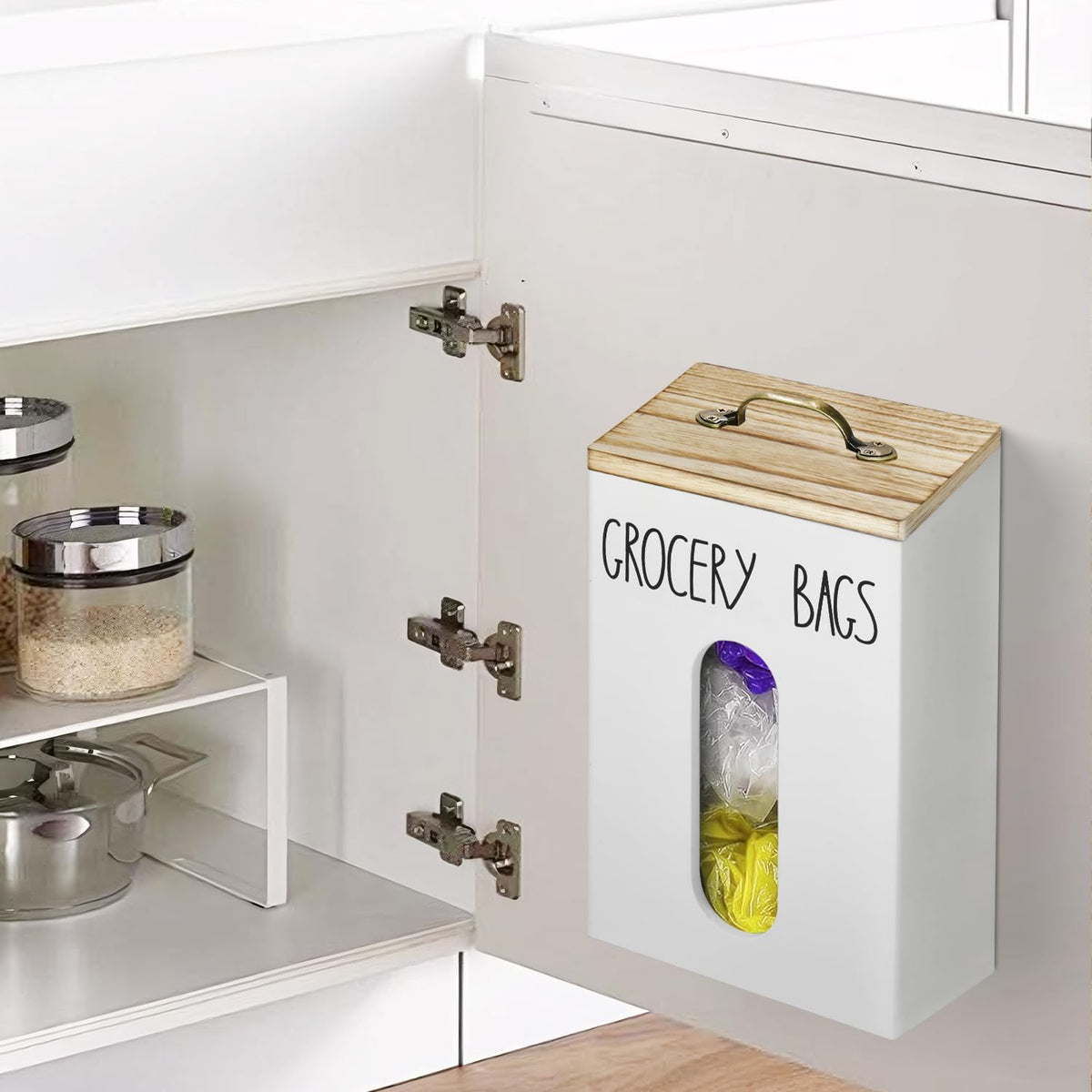Farmhouse Wooden Grocery Bag Holder and Dispenser, Wall Mounted Plastic Bag Holder and Dispenser with Extra-Wide & Easy-Access Openings, Garbage Bag Dispenser Anti-Fingerprint Rustic Finish Bags Saver
