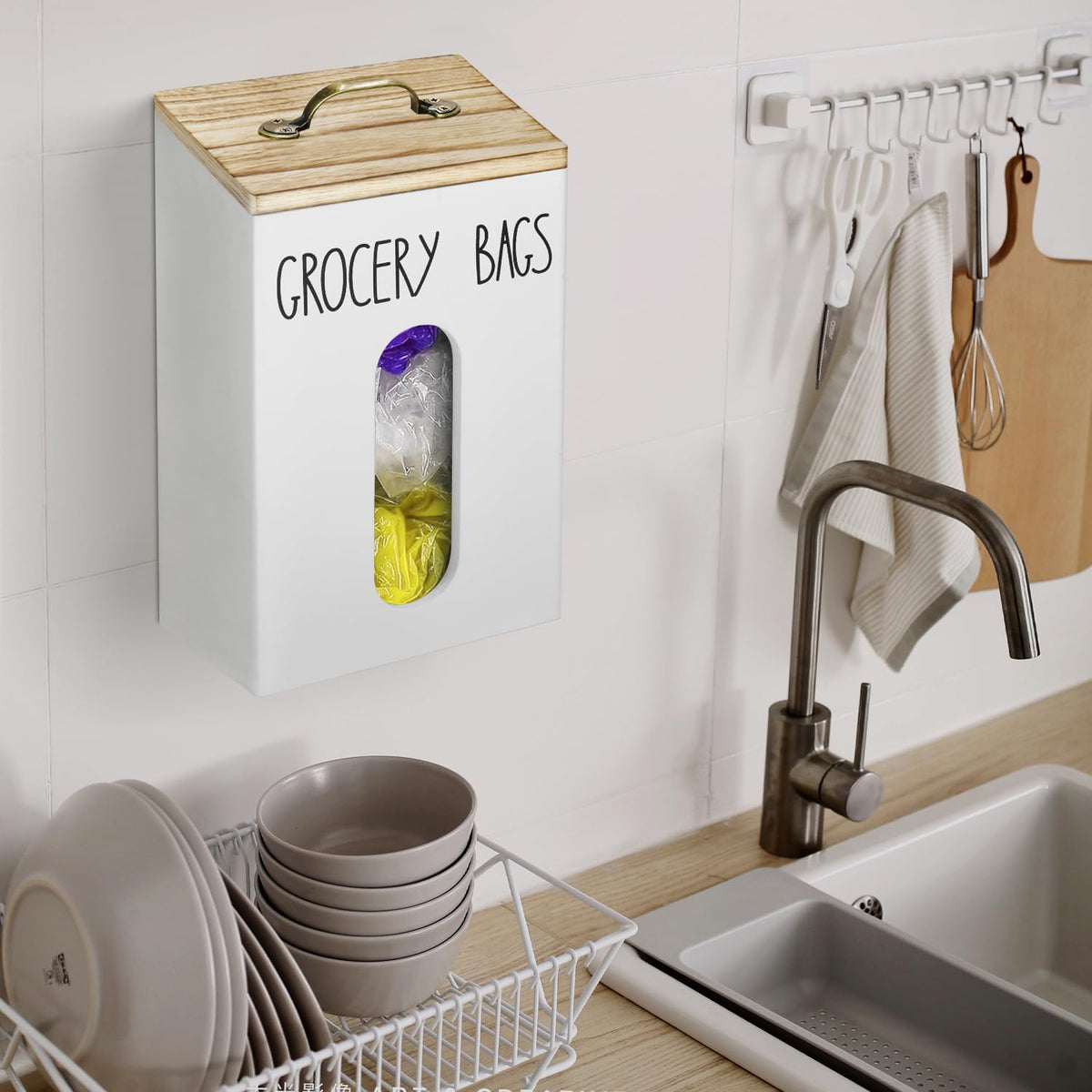 Farmhouse Wooden Grocery Bag Holder and Dispenser, Wall Mounted Plastic Bag Holder and Dispenser with Extra-Wide & Easy-Access Openings, Garbage Bag Dispenser Anti-Fingerprint Rustic Finish Bags Saver