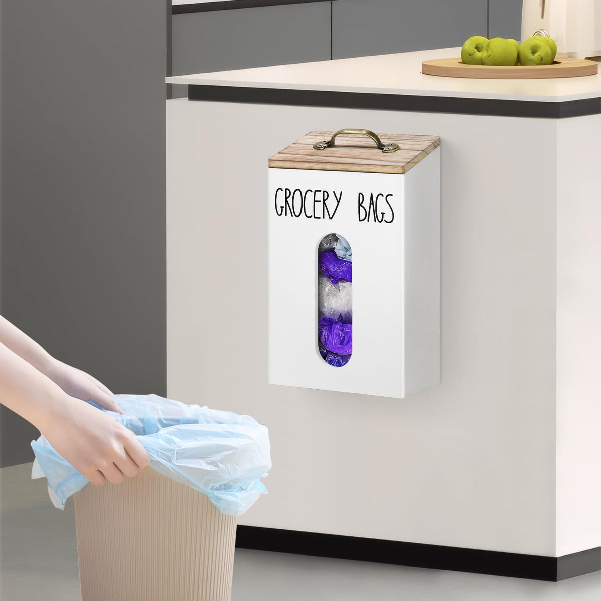 Farmhouse Wooden Grocery Bag Holder and Dispenser, Wall Mounted Plastic Bag Holder and Dispenser with Extra-Wide & Easy-Access Openings, Garbage Bag Dispenser Anti-Fingerprint Rustic Finish Bags Saver