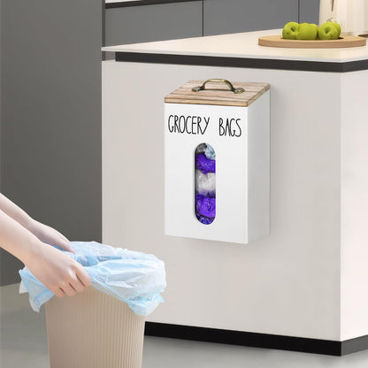 Farmhouse Wooden Grocery Bag Holder and Dispenser, Wall Mounted Plastic Bag Holder and Dispenser with Extra-Wide & Easy-Access Openings, Garbage Bag Dispenser Anti-Fingerprint Rustic Finish Bags Saver