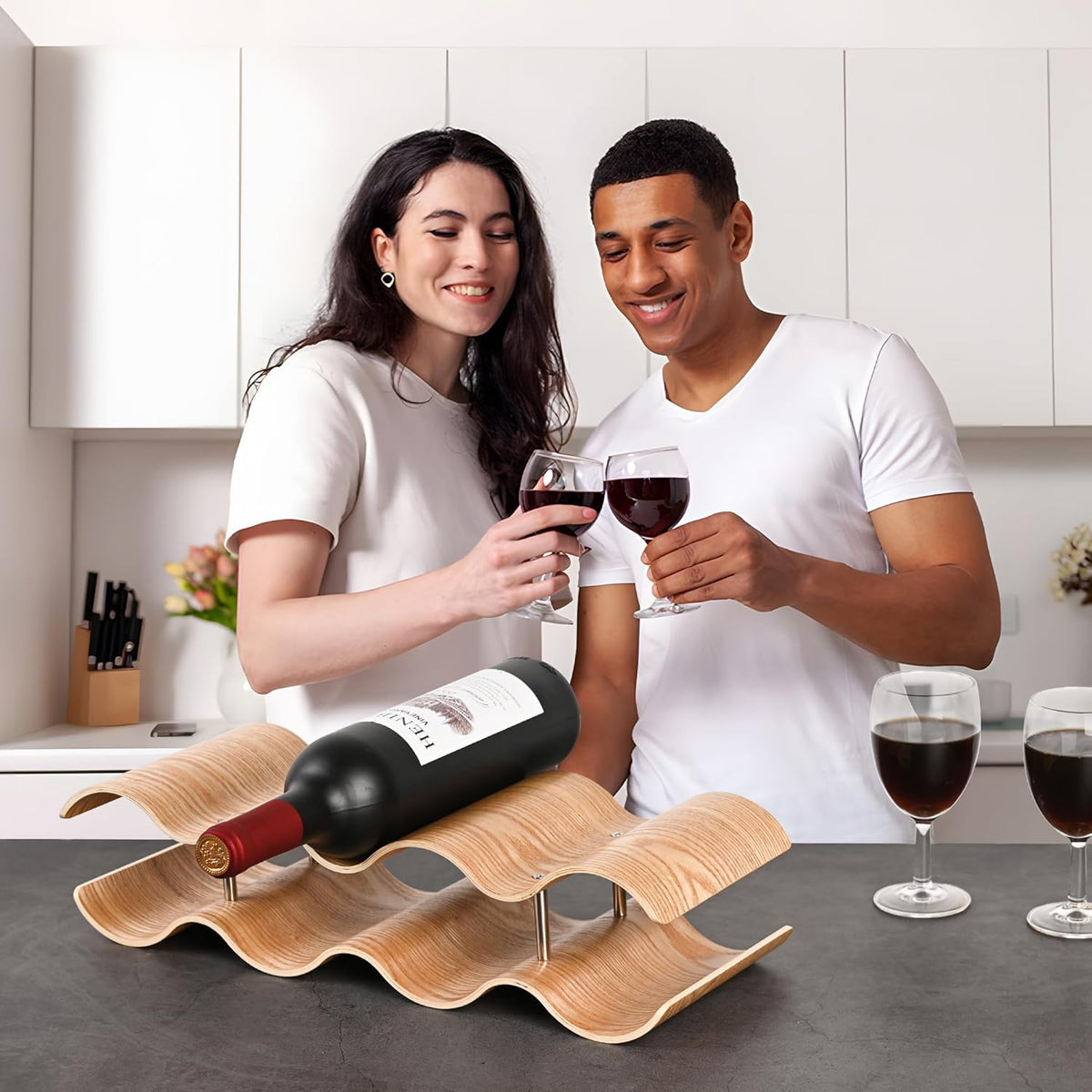 Countertop Wine Rack - 12 Bottle Freestanding Wine Bottle Holder Stand - 3 Tier Wooden Wine Storage Rack - Wavy Wine Organizer for Cabinet Pantry Home Kitchen Bar